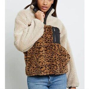 Rails Saga Faux Fur Sherpa Leopard Cheetah Pullover Plush Teddy Jacket